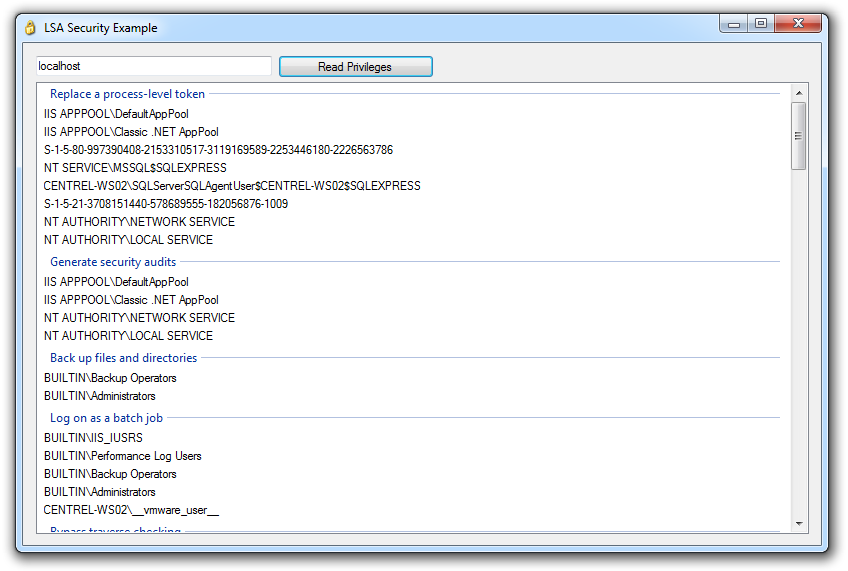 Screenshot showing user rights assignment in a sample application written by CENTREL Solutions