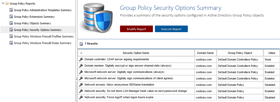 A screenshot showing the Group Policy Security Options report in the XIA Configuration web interface