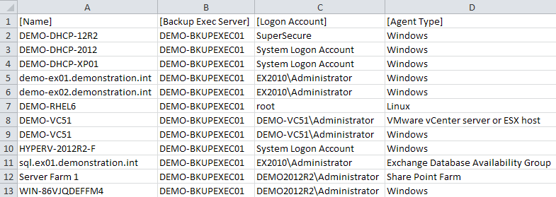 Backup Exec agent servers report viewed in Excel