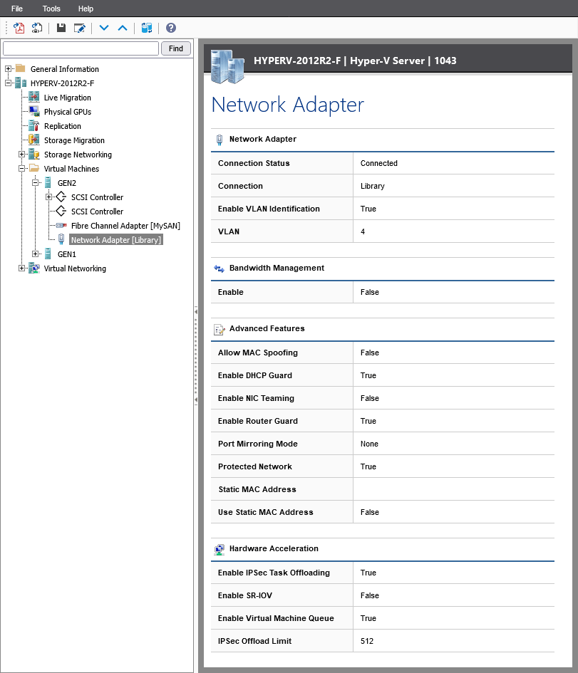 Screenshot showing Hyper-V virtual machine network adapter settings in the XIA Configuration web interface