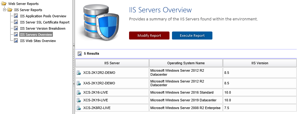 Screenshot of the IIS servers overview report in the XIA Configuration web interface