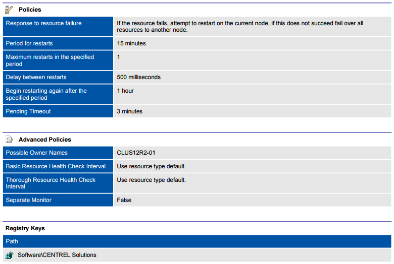 Screenshot of Microsoft failover cluster resource settings in a document generated by XIA Configuration
