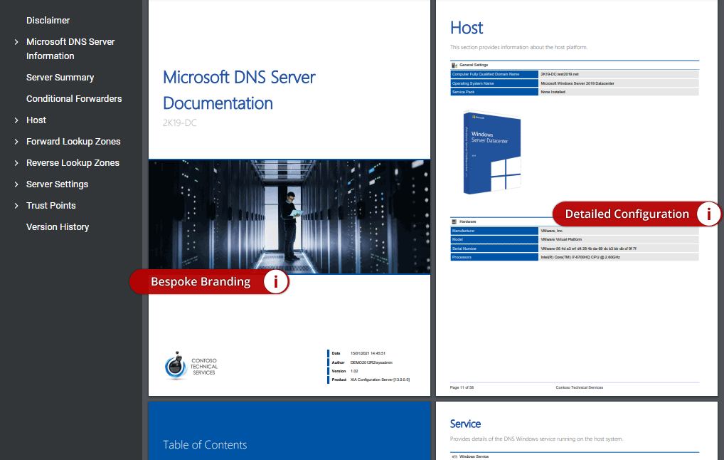 Microsoft DNS service documentation sample generated by XIA Configuration