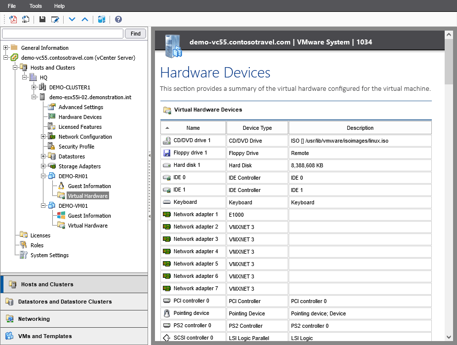 XIA Configuration Server screenshot of virtual hardware information