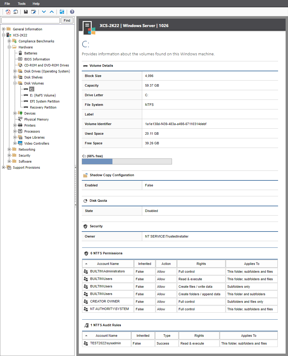 Screenshot showing Disk Volume information in the XIA Configuration web interface