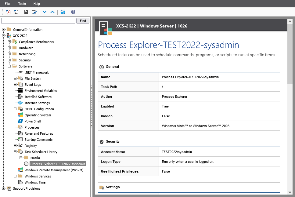 Screenshot of Scheduled Task settings in the XIA Configuration web interface