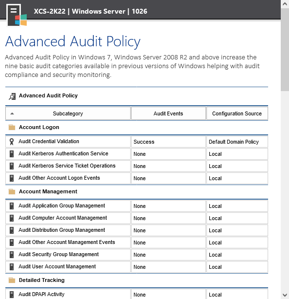 Screenshot of Advanced Audit Policy settings in the XIA Configuration web interface