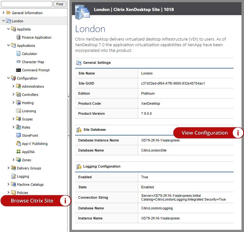 A screenshot showing Citrix XenDesktop site general information