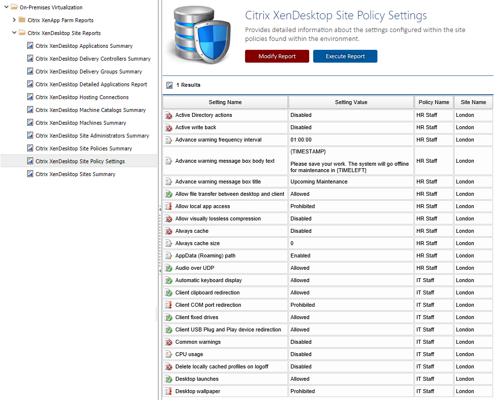 Screenshot of the XenDesktop site policy settings report in the XIA Configuration web interface