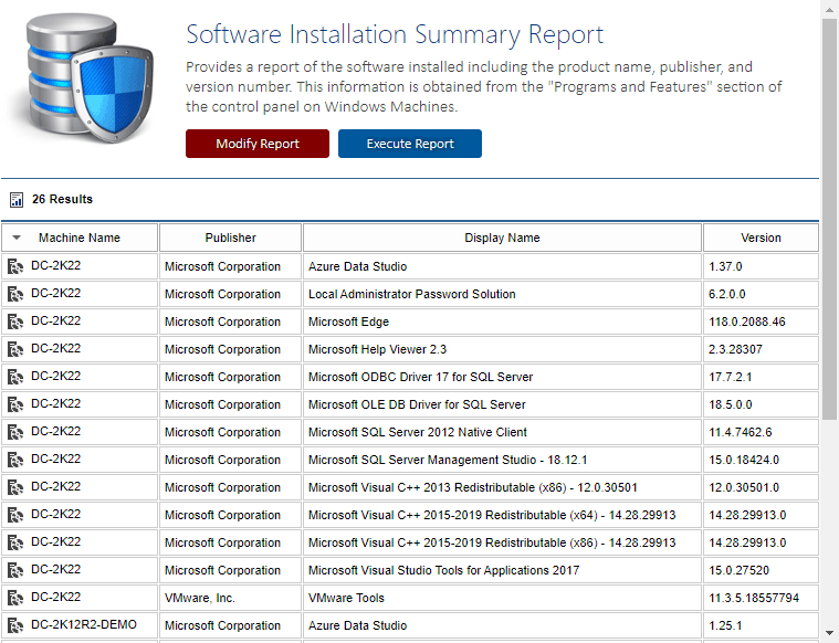 Screenshot showing the software installation report results in the XIA Configuration web interface