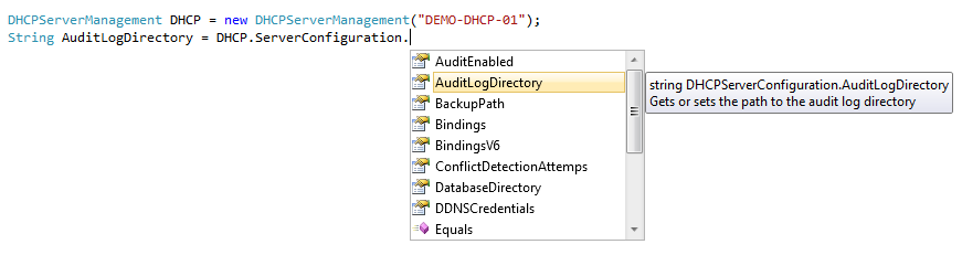 Screenshot of C# DHCP API code