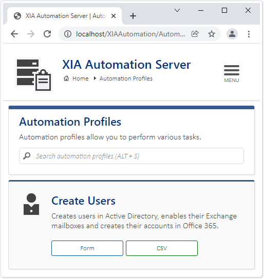 XIA Automation Server user interface