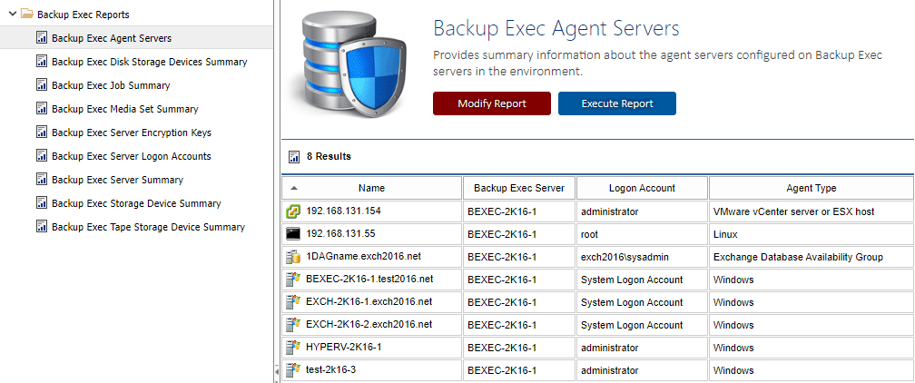 Screenshot showing the Backup Exec agent servers report in the XIA Configuration web interface