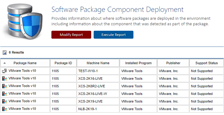 Screenshot showing the software package component deployment report