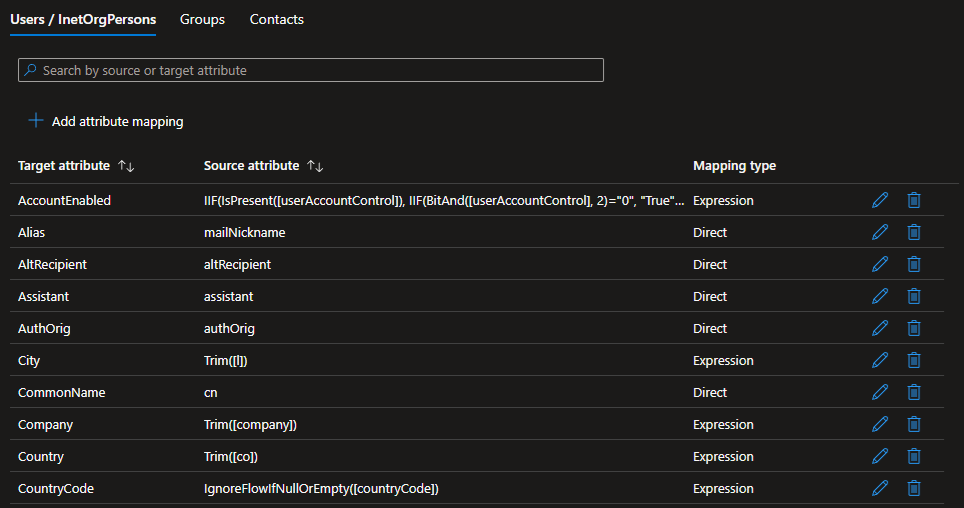 A screenshot of the attribute mappings in the Entra admin user interface.