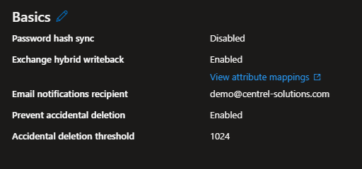Screenshot of the Cloud Sync configuration properties in Entra Admin UI.