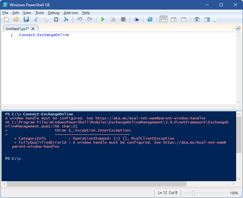 A screenshot of the PowerShell ISE running Connect-ExchangeOnline