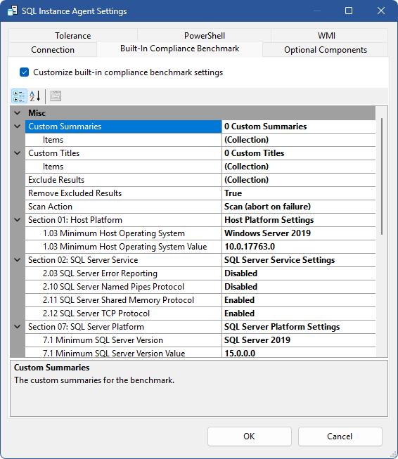 Screenshot showing the free SQL Server Security Compliance Benchmark tool benchmark settings.
