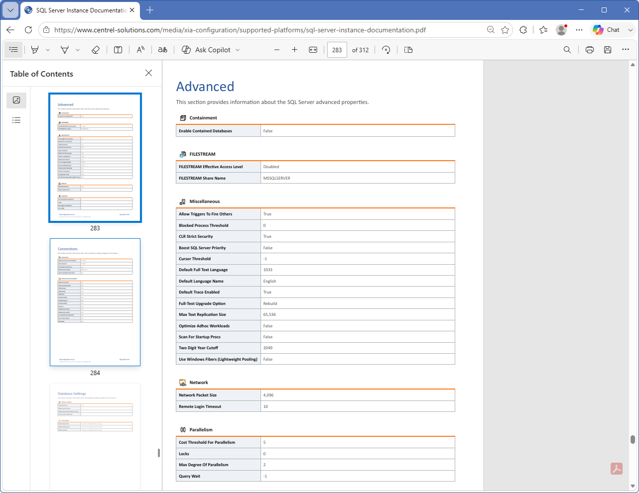 Screenshot of the SQL Server documentation trial output.