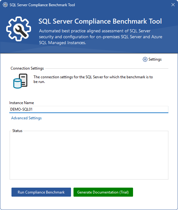 Screenshot showing the free SQL Server Security Compliance Benchmark tool.