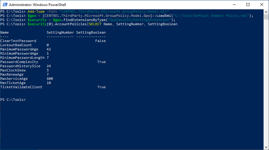 Screenshot of loading a GPO report in PowerShell