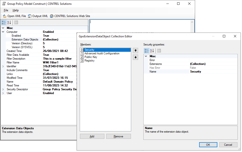 Screenshot of viewing a GPO report in a property grid