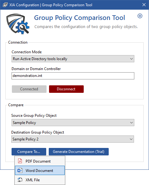 Screenshot of the Group Policy comparison tool comparing two Group Policy objects