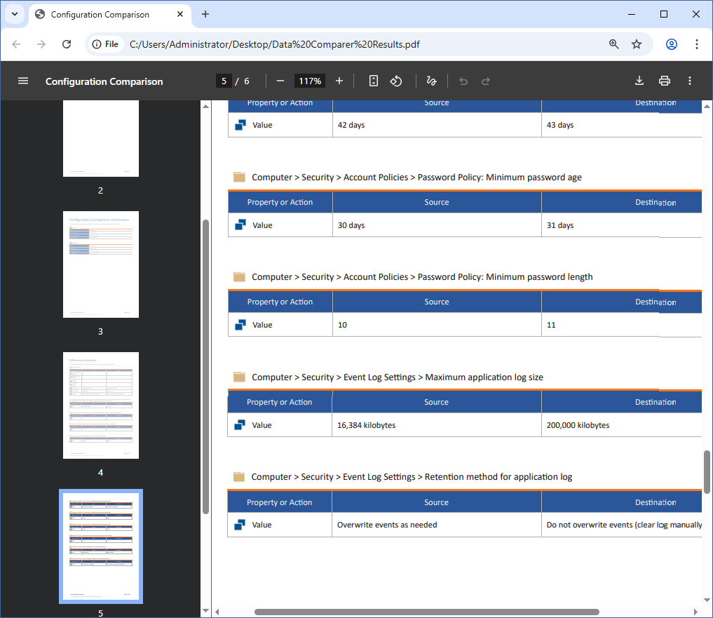 Screenshot of the comparison document results