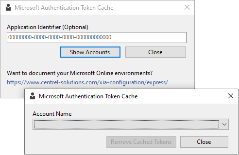 Screenshot of the Microsoft authentication token cache tool.