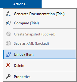 Screenshot of the unlock item option in the XIA Configuration Express actions menu
