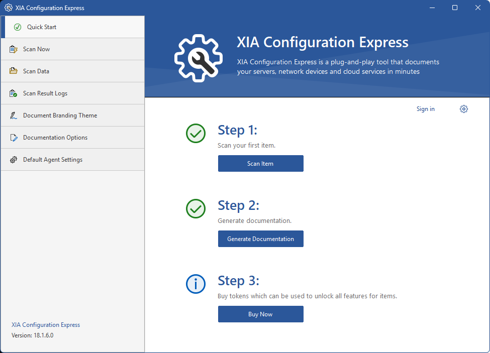 A screenshot showing the quick start screen in XIA Configuration Express