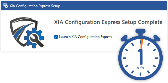 A screenshot showing the XIA Configuration Express installer and a stopwatch with one minute elapsed