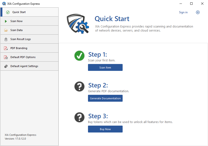 A screenshot showing the quick start screen in XIA Configuration Express