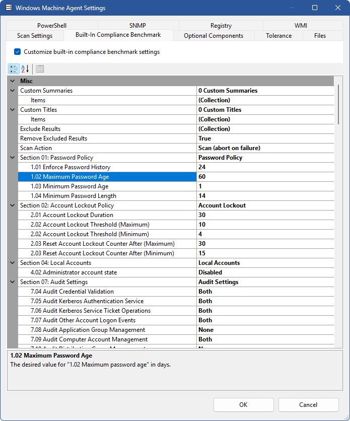 Screenshot of custom compliance benchmark settings in the XIA Configuration Client