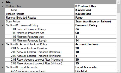 Screenshot of custom compliance benchmark settings in the XIA Configuration Client