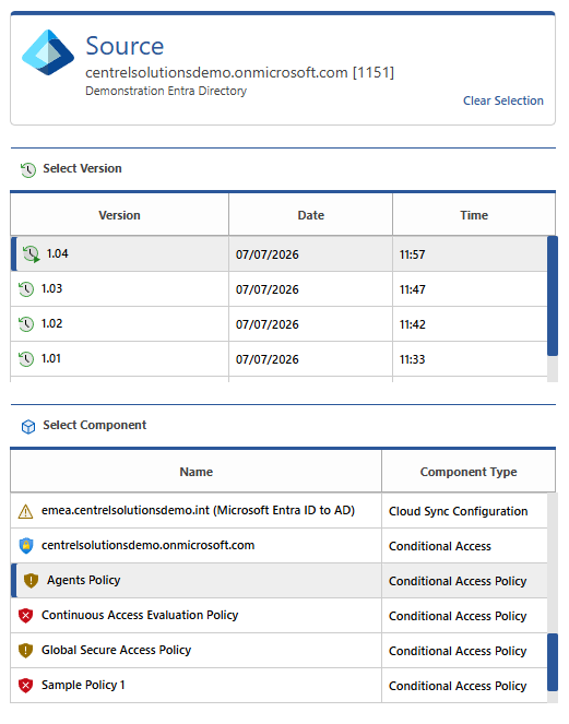 Screenshot of an Entra Directory configuration comparison component selection.