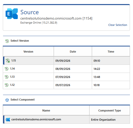 Screenshot of an Exchange Online configuration comparison component selection.