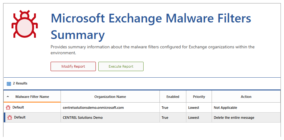 Screenshot of an Exchange Server report in the XIA Configuration web interface.