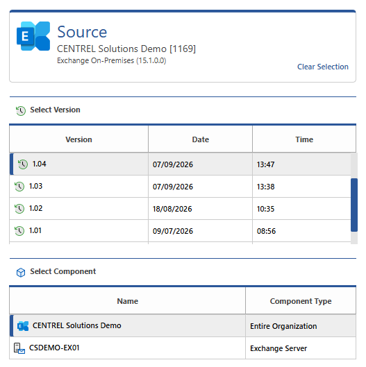 Screenshot of an Exchange Server configuration comparison component selection.