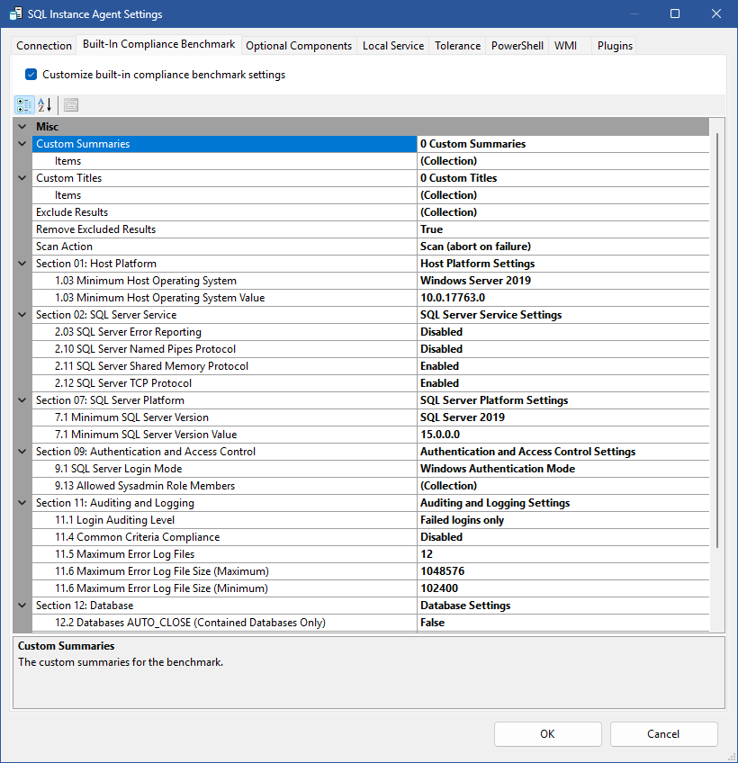 An image of the XIA Configuration SQL Server Compliance Benchmark Settings.