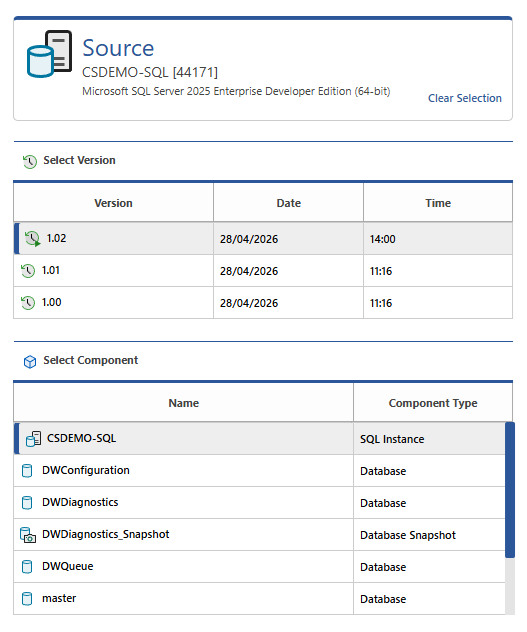 Screenshot of a SQL Server instance configuration comparison component selection.