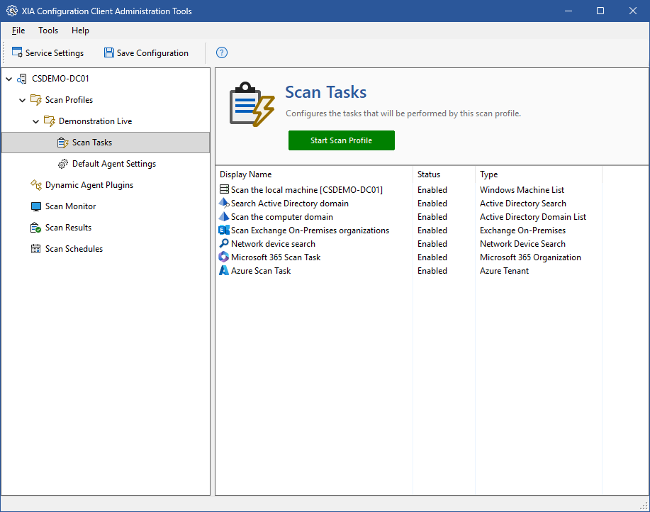 Screenshot of Active Directory search and detection settings in the XIA Configuration Client