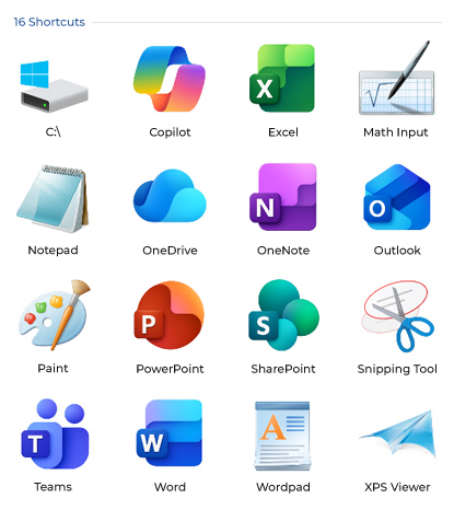 A 4x4 grid of 16 Windows desktop shortcut icons, each labelled with the shortcut name.