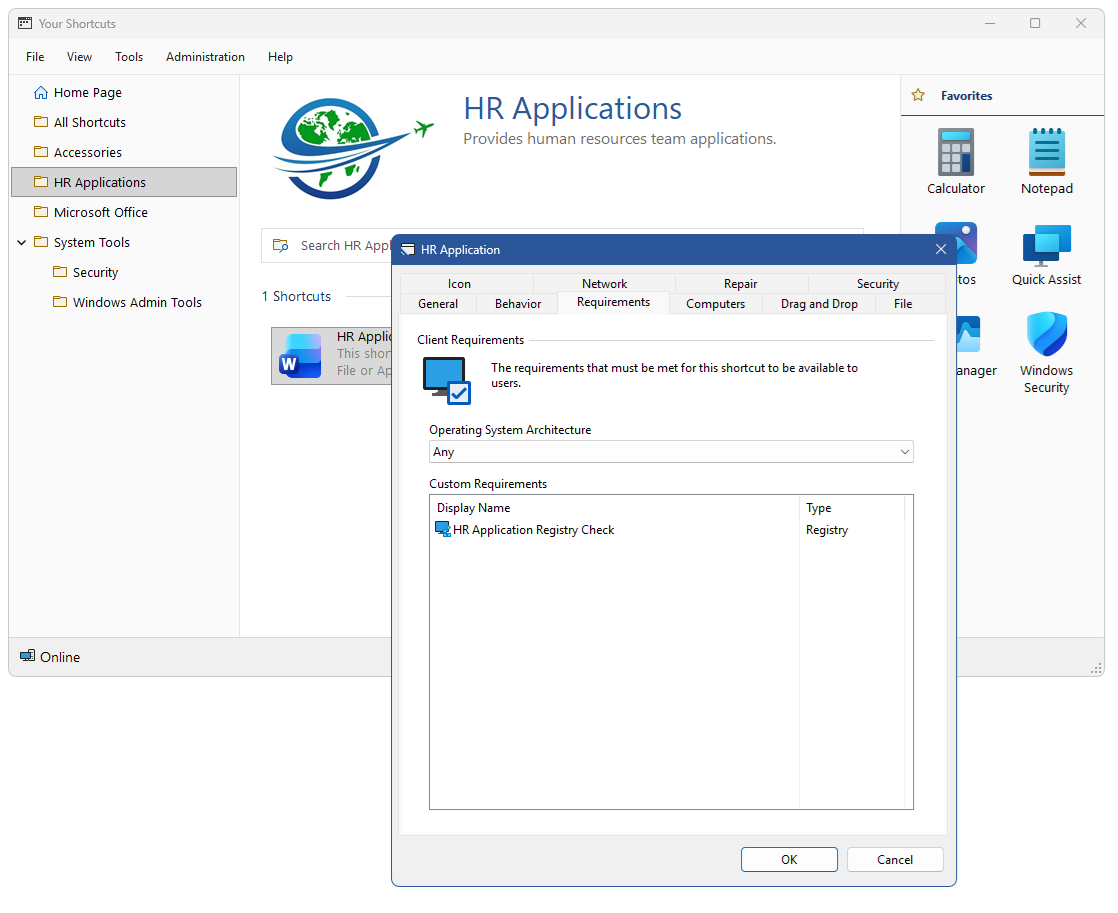 Screenshot of shortcut requirements in the XIA Links interface