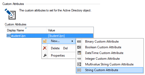 Screenshot of Active Directory custom attributes in XIA Automation