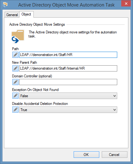 Screenshot of an Active Directory object move task in XIA Automation