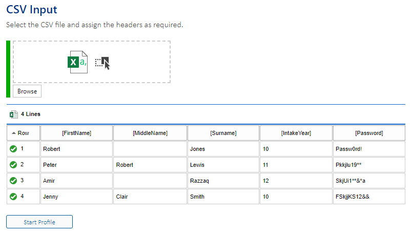 Screenshot of a CSV file being imported into XIA Automation