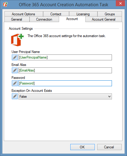 Screenshot of a Microsoft Office 365 user account creation task in XIA Automation