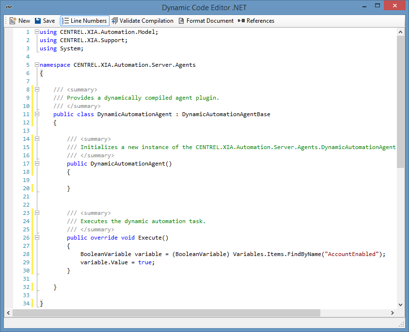 Screenshot of the built-in dynamic code editor executing a task in XIA Automation