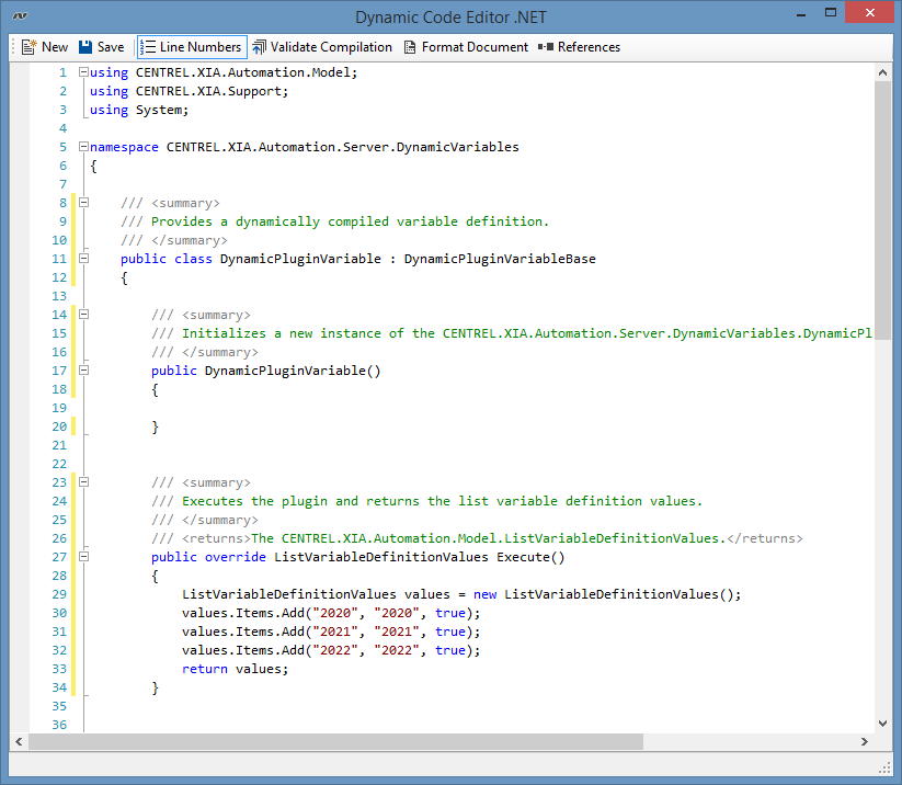 Screenshot of the built-in dynamic code editor in XIA Automation